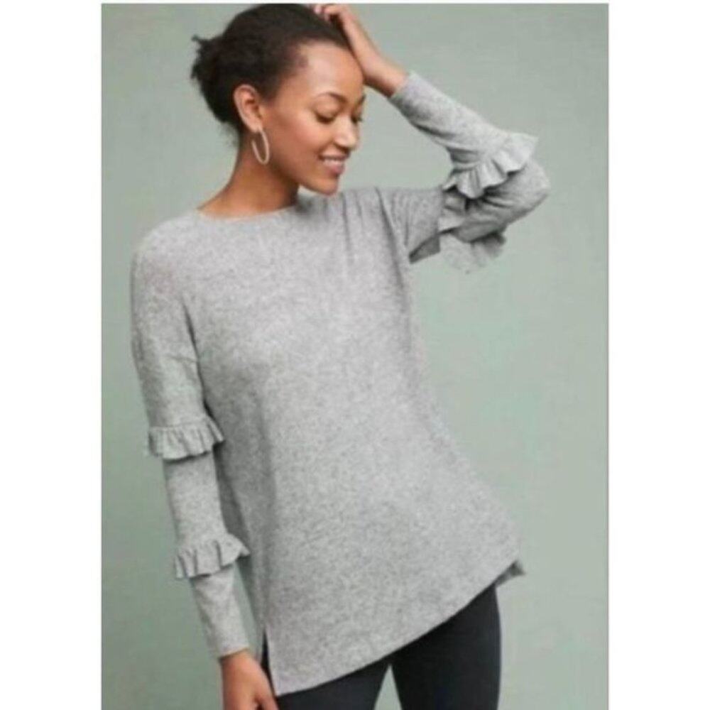 Anthropologie Postmark/Postage Stamp Grey Long Sleeve Ruffled Sweater Size Small